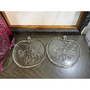 Vintage Hazel Atlas Clear Glass Snack Plate - Apple Shaped w/ Flower -‎ Set of 2
